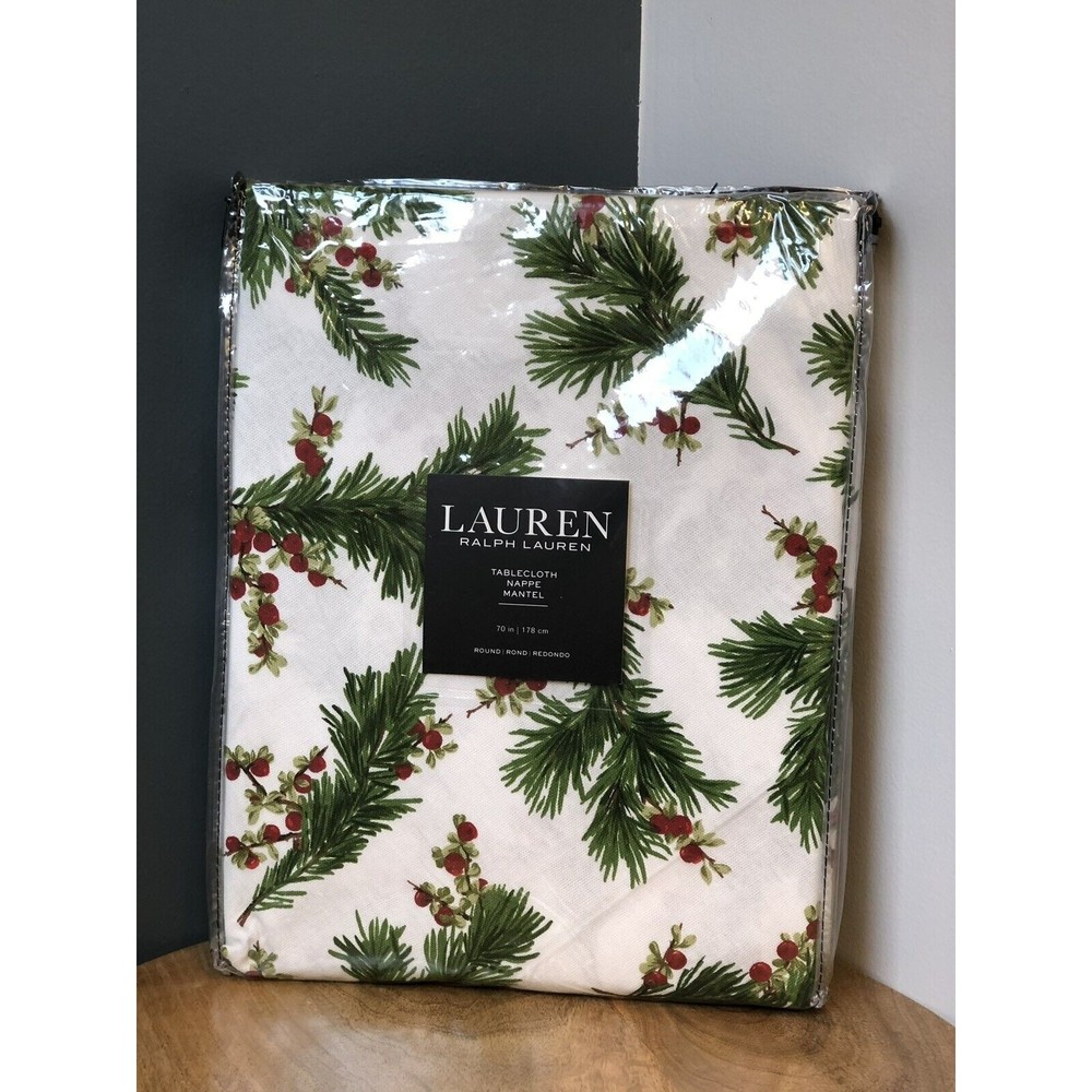 Ralph Lauren Snowy Pine Trees 70" Round Tablecloth Christmas Holiday Winter New